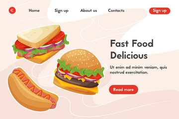 Delicious fast food website template with space for text. Tasty sandwich, hot dog, and burger vector cartoon illustrations.