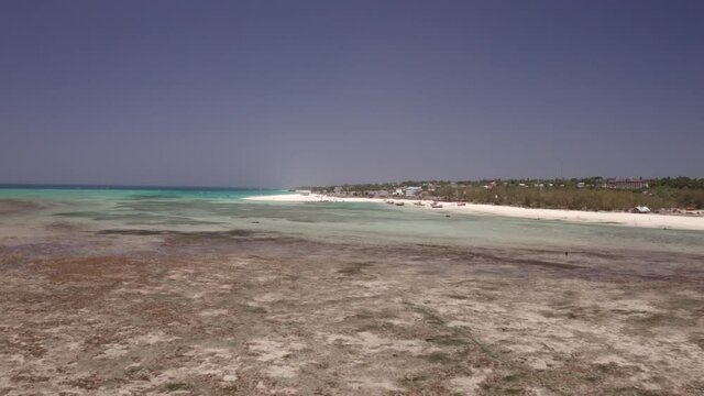 Zanzibar Island, Tanzania. Drone video. Coastline, white sand, textured ocean floor at low tide and local fishermen