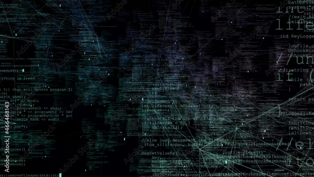 Poster from the depths of the black screen, abstract program codes, divided into blocks, are constantly adv