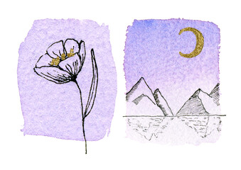 Nature outline drawing on watercolor background.