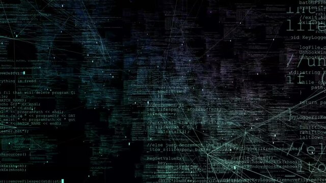From the depths of the black screen, abstract program codes, divided into blocks, are constantly advancing. Blockchain parameters data service.