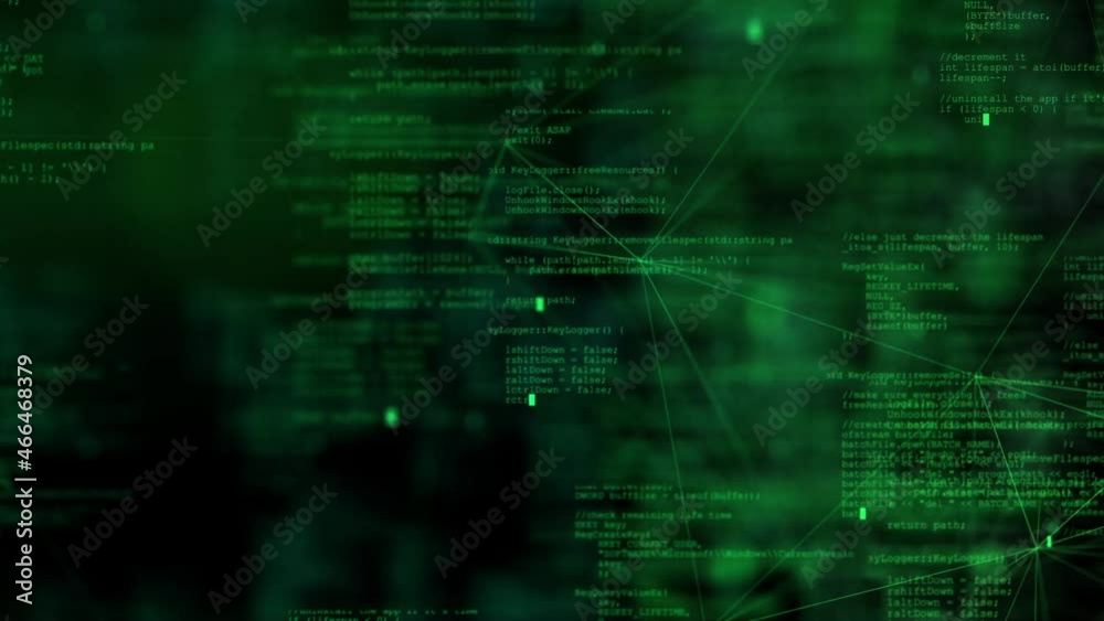 Poster blocks of abstract code in green color continuously appear on a black monitor, sending signals to ea