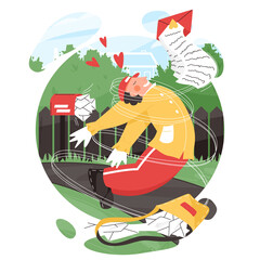 Postman in love vector flat cartoon illustration. Happy man in postman uniform flying after reading a love letter.