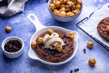 Giant chocolate skillet cookies with ice cream