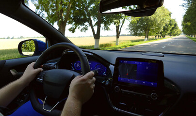 Driving Car On A Country Road View From Inside 
