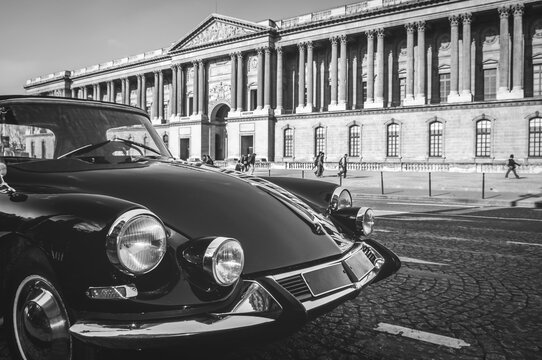 A beautiful vintage french Citroen DS car in the streets of central Paris, France, near the famous museum