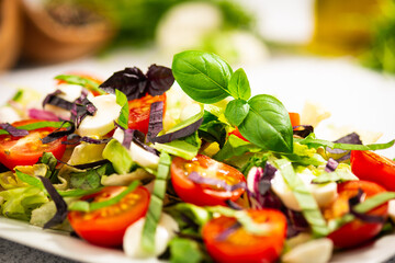 salad with tomato and basil leaves