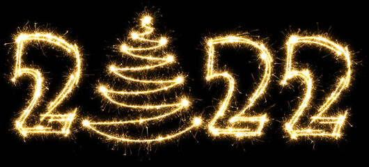 New Year 2022 with Christmas tree made by sparkler . Number 2022 and sign written sparkling sparklers . Isolated on a black background . Overlay template for holiday greeting card .