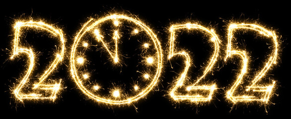 New Year 2022 with clock made by sparkler . Number 2022 and sign written sparkling sparklers . Isolated on a black background . Overlay template for holiday greeting card .
