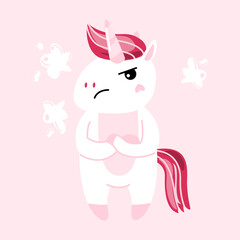 Angry unicorn vector cartoon illustration isolated on pink background.