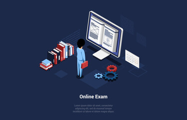 Isometric Vector Illustration On Dark Blue Background With Text, Concept Illustration In Cartoon 3D Style With Text, Character And Objects. Online Exam, Internet Course Graduation, University Student