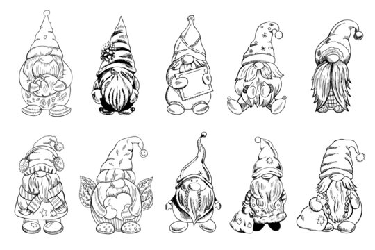 A set of hand-drawn gnomes for the New Year, Valentine's Day, Halloween. Vintage vector illustration. New Year, and Christmas illustration.  New Year, Valentine's Day, Halloween illustration.