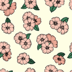 Seamless pattern hand drawn nature spring flower with pink cosmos petals with green leaves grouped with a light beige background