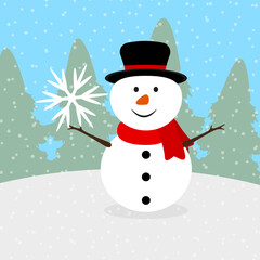 Snowman with a snowflake with Christmas trees 