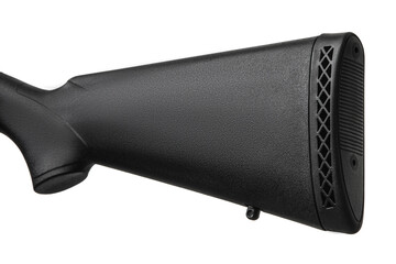 Pump-action 12 gauge shotgun isolated on a white back. Close-up shot of part of a shotgun. A smooth-bore weapon with a plastic stock.