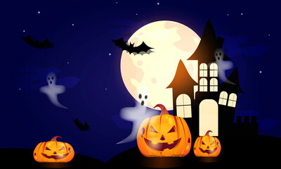 Fototapeta premium Happy halloween pumpkin with .haunted house. Can be used for shopping sale, banner, invitation, website or greeting card. Vector illustration