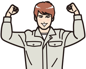 ガッツポーズする作業服の男性