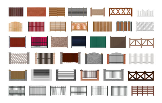 Vector collection of realistic fences. Exterior elements.