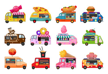 Colorful vector vans selling food. Detailed illustrations for creating prints. - obrazy, fototapety, plakaty