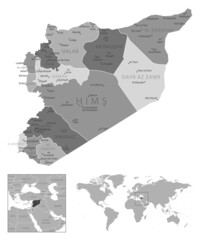 Syria - highly detailed black and white map.