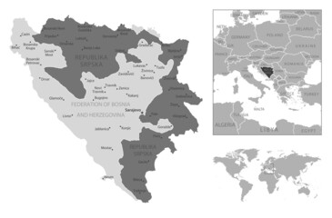 Bosnia and Herzegovina - highly detailed black and white map.