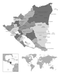Nicaragua - highly detailed black and white map.