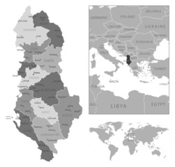Albania - highly detailed black and white map.