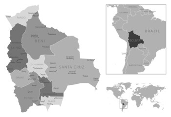 Bolivia - highly detailed black and white map.
