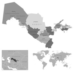 Uzbekistan - highly detailed black and white map.