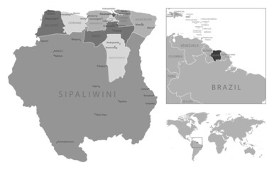 Suriname - highly detailed black and white map.