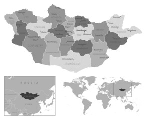 Mongolia - highly detailed black and white map.