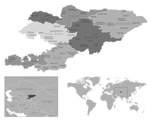 Kyrgyzstan - highly detailed black and white map.
