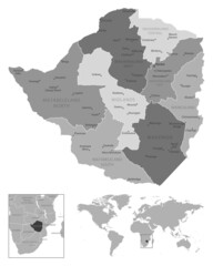 Zimbabwe - highly detailed black and white map.