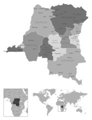 Democratic Republic of the Congo - highly detailed black and white map.