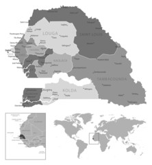 Senegal - highly detailed black and white map.