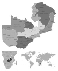 Zambia - highly detailed black and white map.