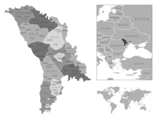Moldova - highly detailed black and white map.