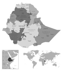 Ethiopia - highly detailed black and white map.
