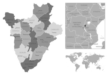 Burundi - highly detailed black and white map.