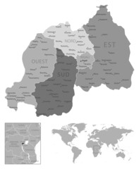 Rwanda - highly detailed black and white map.