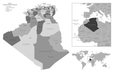 Algeria - highly detailed black and white map.