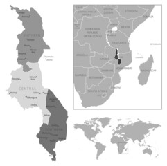 Malawi - highly detailed black and white map.