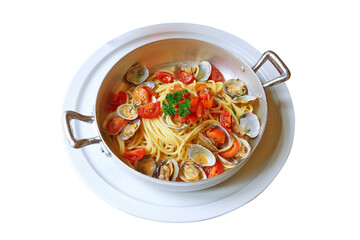 Overhead close-up shot of Italian spaghetti vongole.
