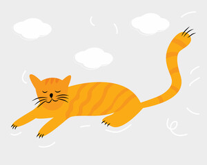 A cute cat is lying, a house cat. Red cat on a solid background. Vector illustration