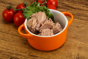 Canned tuna fillet in the bowl