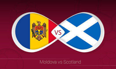 Moldova vs Scotland in Football Competition, Group F. Versus icon on Football background.