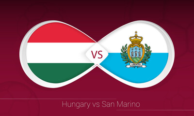 Hungary vs San Marino in Football Competition, Group I. Versus icon on Football background.