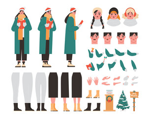 Young caucasian caroler constructor set. Woman wearing different