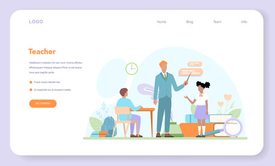 Teacher web banner or landing page. Professor giving a lesson online