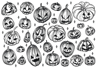 Obraz premium Halloween pumpkin collection of hand drawn illustrations vector black and white icons